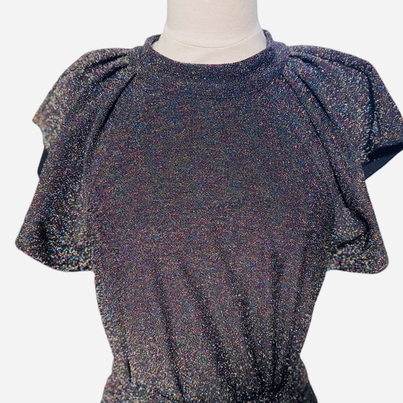 Nine West Black Metallic Sparkle Flutter Sleeve Belted Cropped Jumpsuit size M - Picture 4 of 9